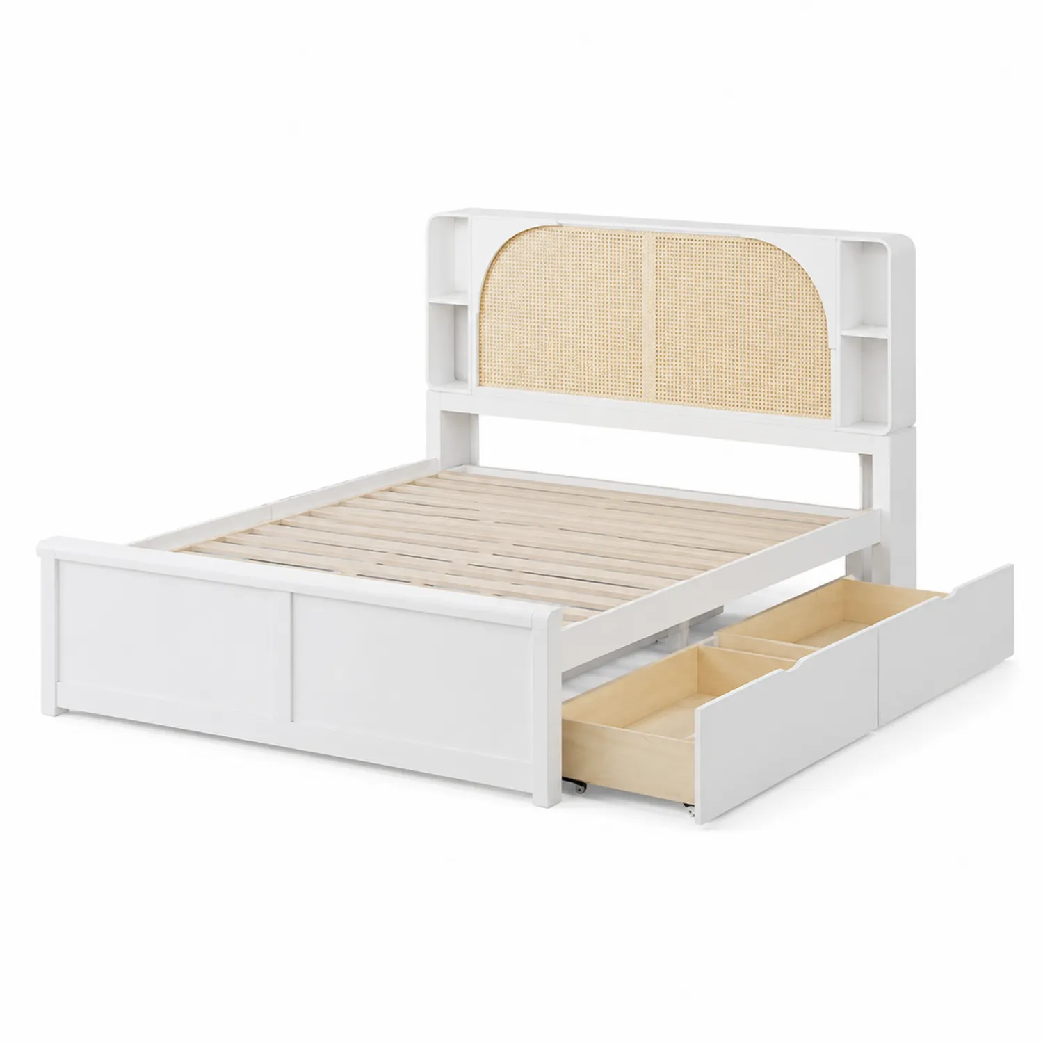 Letto in legno bianco con testiera in rattan e cassetti-Nordivilla