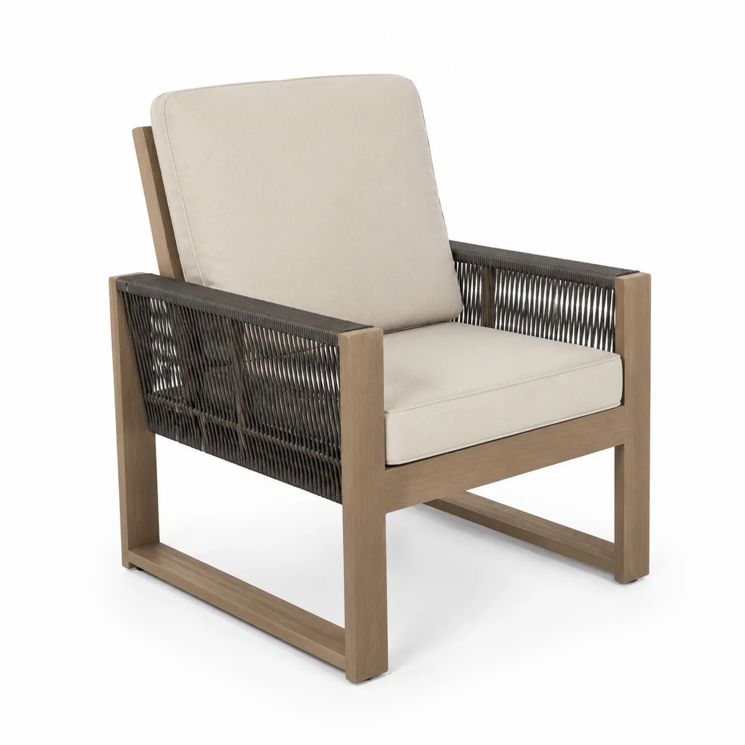 Poltrona in Legno Massello e Corda con Cuscini Beige-Nordivilla