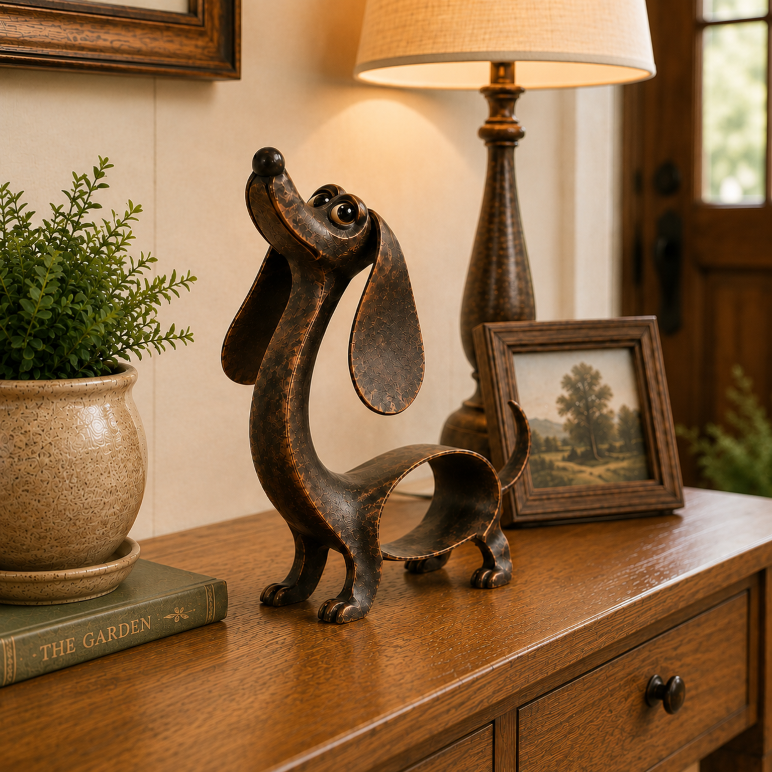 🐶 Antique‑Style Bronze Dachshund Sculpture | Rustic Dog Figurine for Indoor Outdoor Display