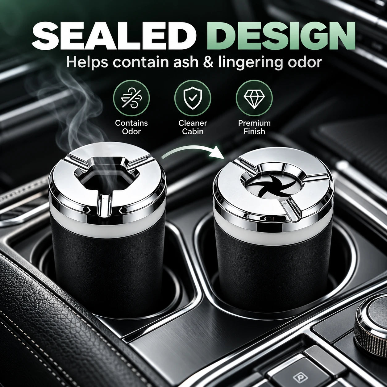 Close-up of premium chrome electroplated car ashtray finish