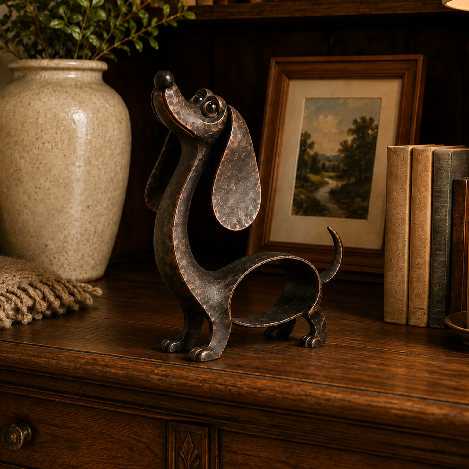 🐶 Antique‑Style Bronze Dachshund Sculpture | Rustic Dog Figurine for Indoor Outdoor Display