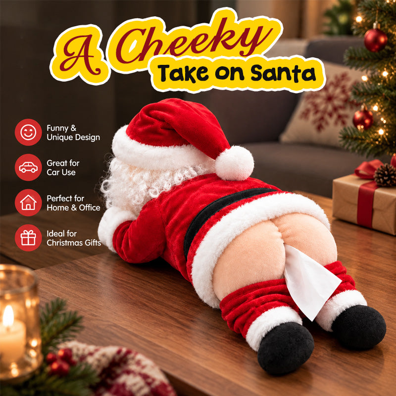 Close-up of the cheeky reclining Santa tissue box cover
