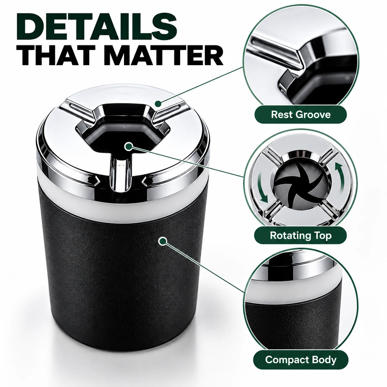 Rotating car ashtray summary featuring lid, cup-holder design and finish