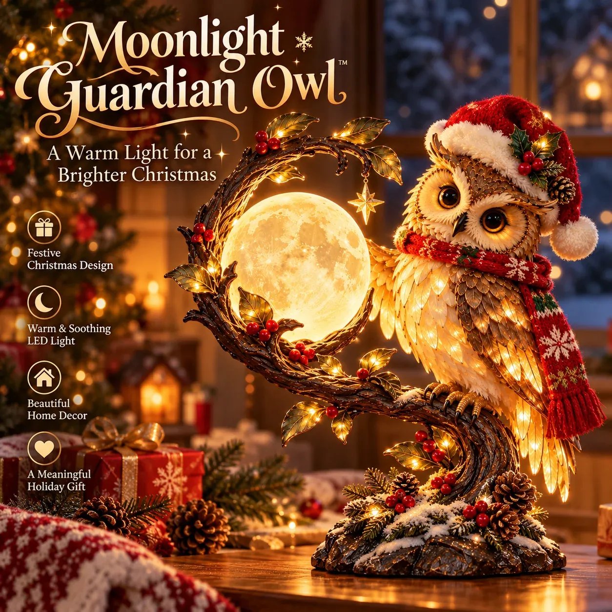 Moonkeeper Owl Christmas decoration with a festive hat, scarf and softly illuminated moon
