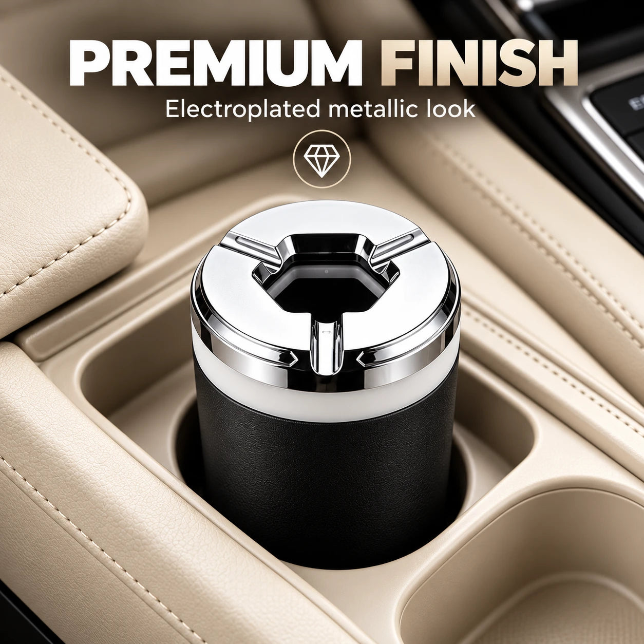 Car ashtray detailed design: rotating top, cigarette rest, textured body