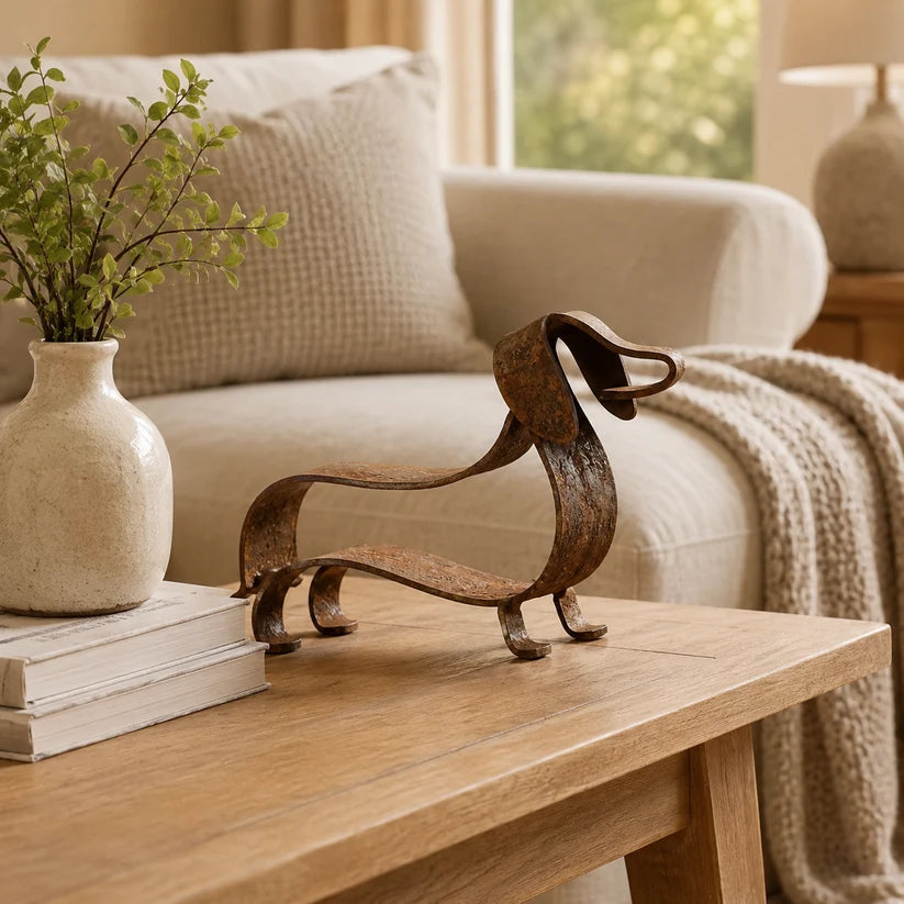Vintage Metal Dachshund Sculpture, Rustic Farmhouse Dog Art Ornament for Yard, Patio & Living Room Decor