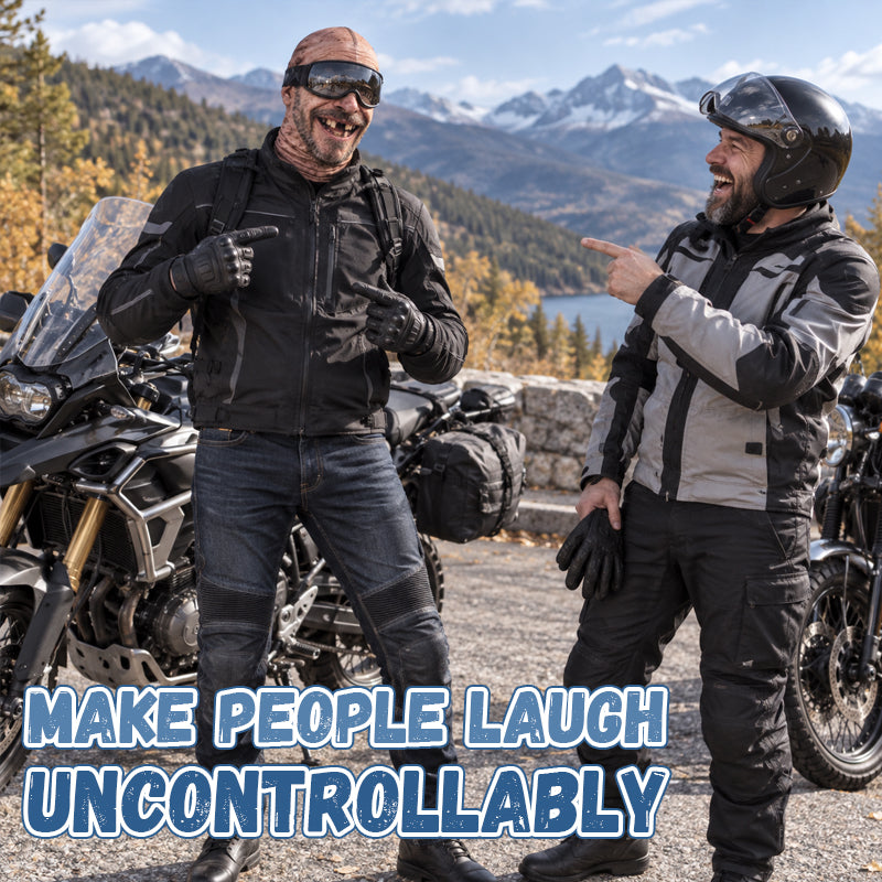 Friends laughing at funny realistic ski mask