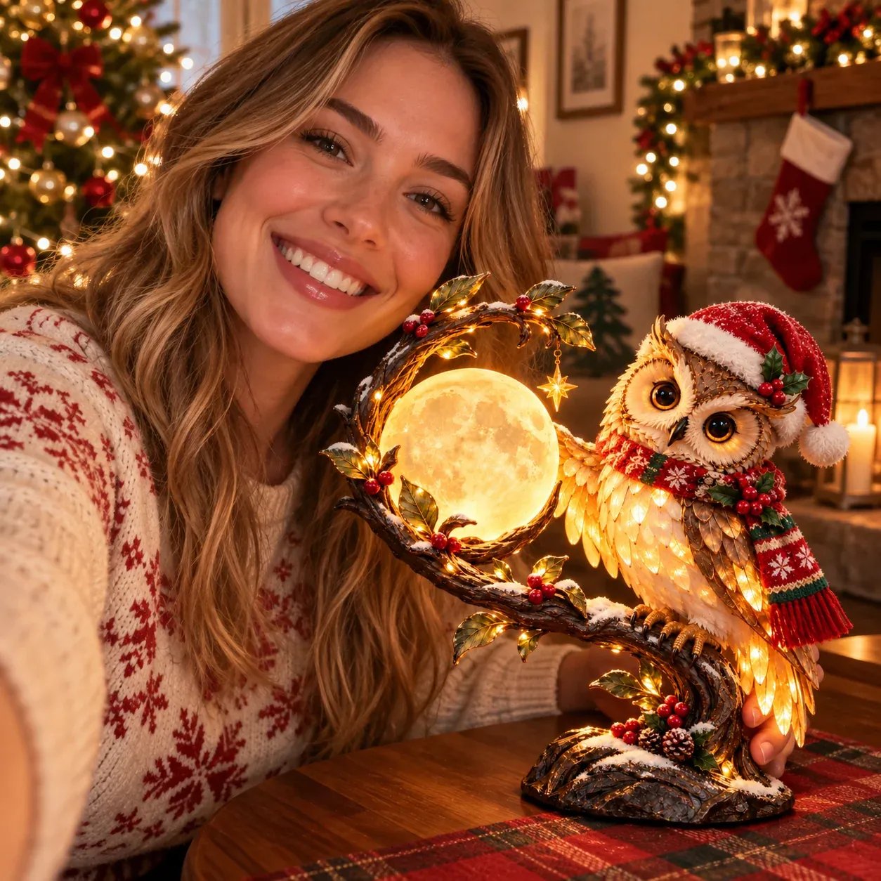 Festive owl decoration styled for a cosy Christmas home