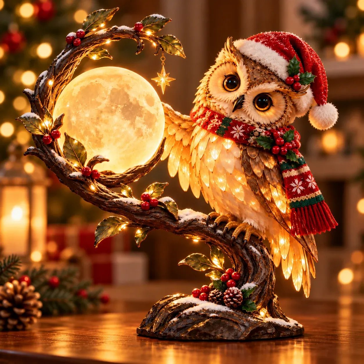 Close-up of the owl decoration and its festive details