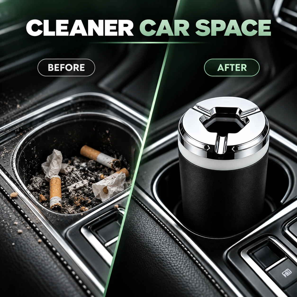 Car cup holder before and after using portable ashtray, clean interior upgrade