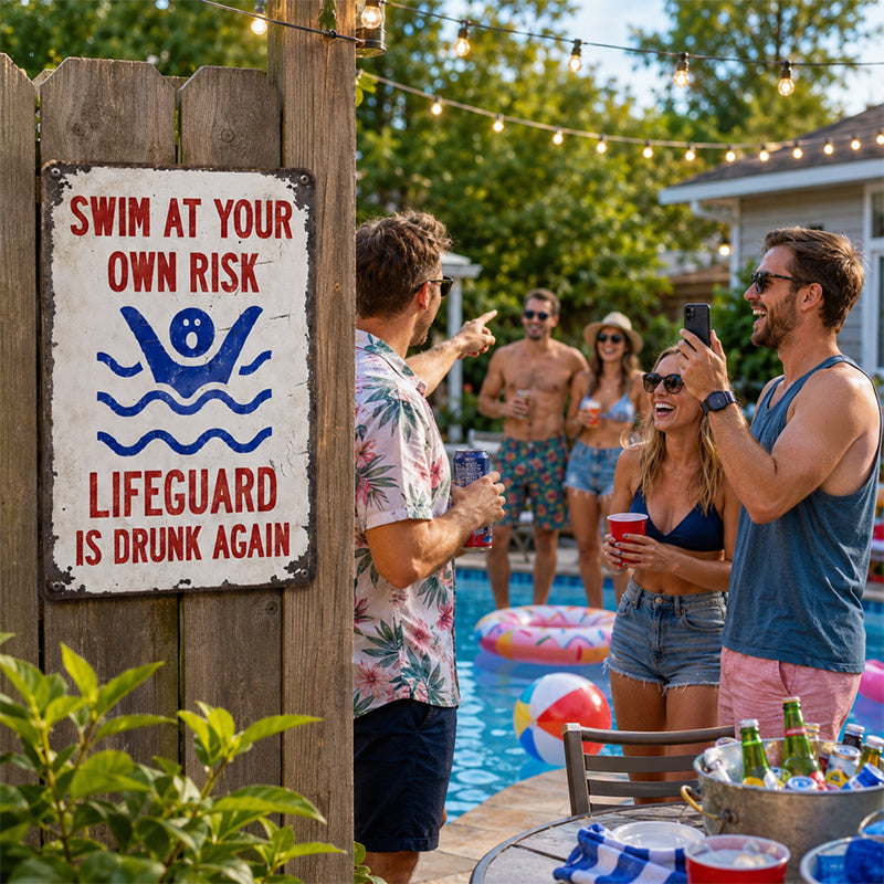 American Vintage Humorous Pool Metal Decor Sign | "Swim At Your Own Risk, Lifeguard Is Drunk Again"