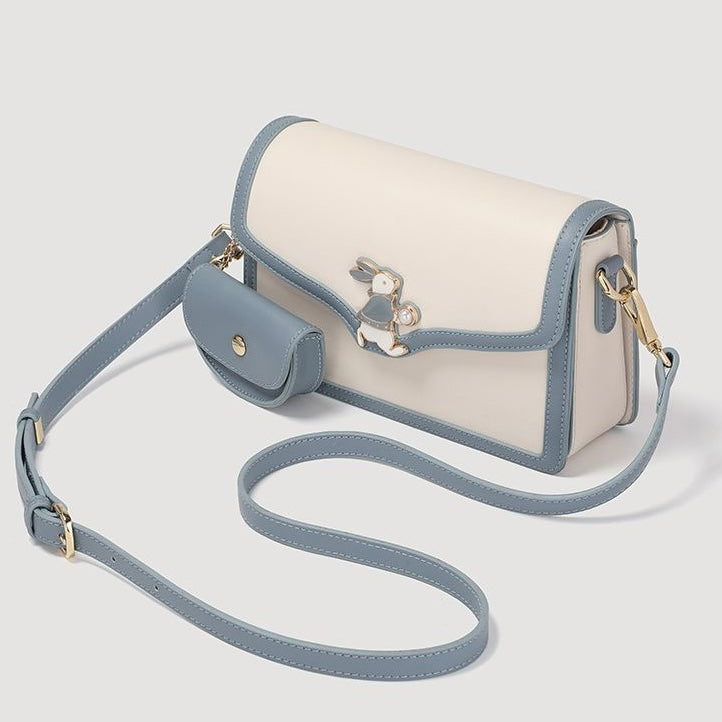 Women’s Genuine Leather Blue White Color Block Rabbit Small Square Bag