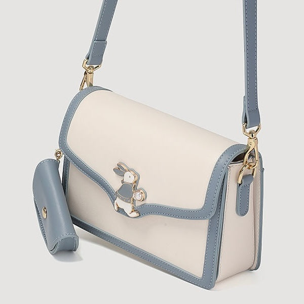 Women’s Genuine Leather Blue White Color Block Rabbit Small Square Bag