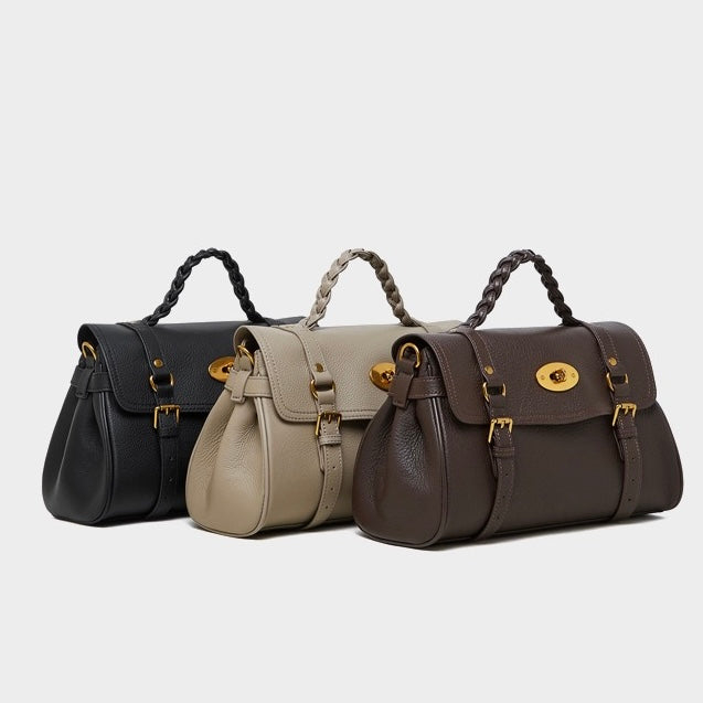 Classic Buckle-Detail Leather Satchel with Braided Handle