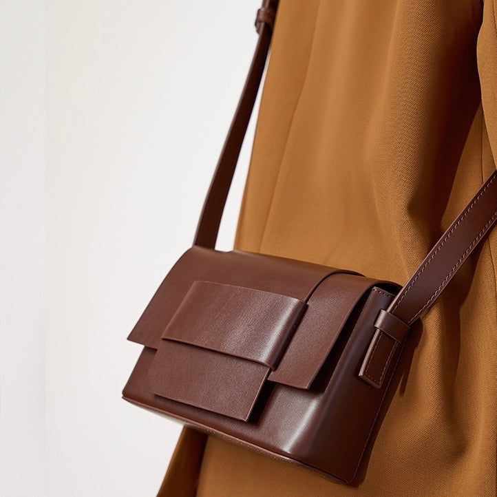 Women’s Genuine Leather Woven Box Crossbody Shoulder Bag in Minimalist Style