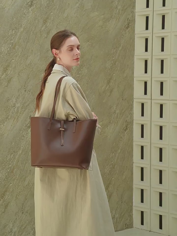 Spacious Plain Genuine Leather Tote Set Minimalist Shoulder Bag