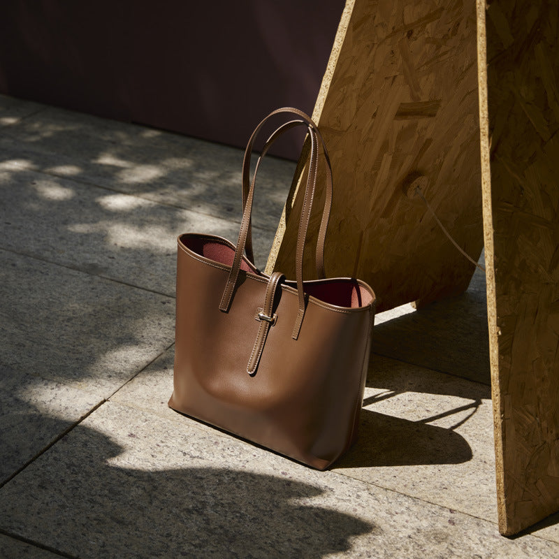 Spacious Plain Genuine Leather Tote Set Minimalist Shoulder Bag