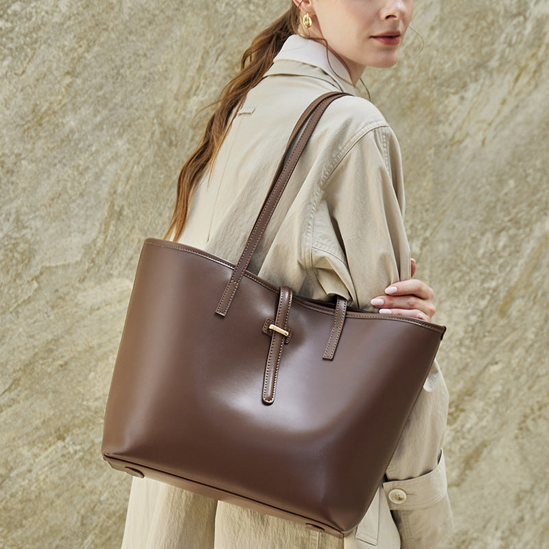 Spacious Plain Genuine Leather Tote Set Minimalist Shoulder Bag