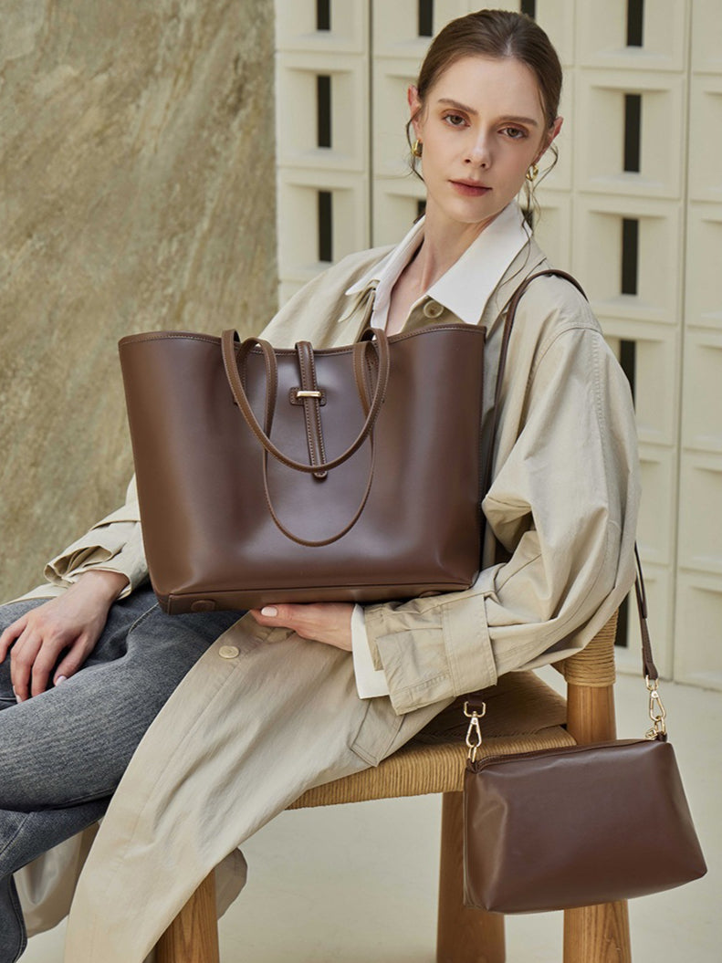 Spacious Plain Genuine Leather Tote Set Minimalist Shoulder Bag