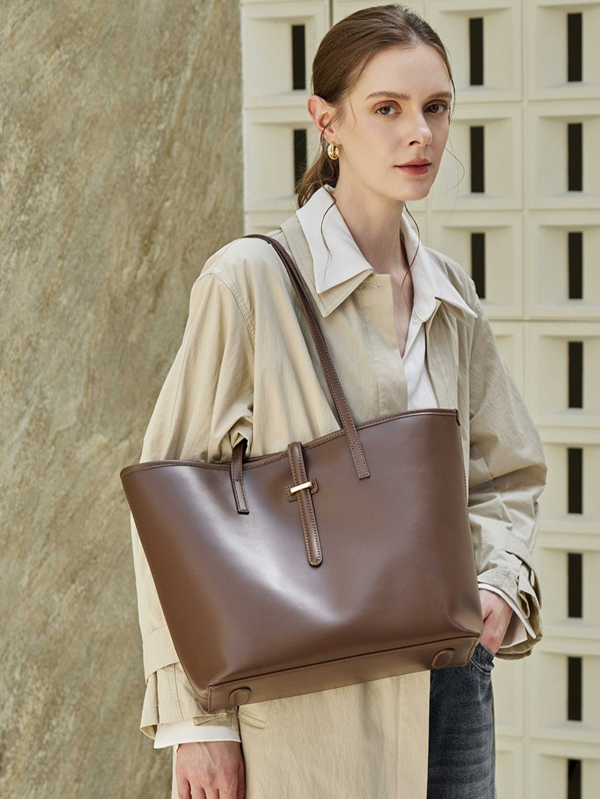 Spacious Plain Genuine Leather Tote Set Minimalist Shoulder Bag