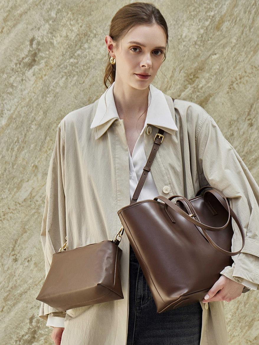 Spacious Plain Genuine Leather Tote Set Minimalist Shoulder Bag