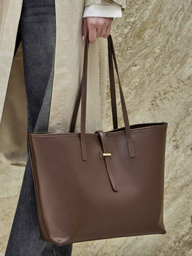 Spacious Plain Genuine Leather Tote Set Minimalist Shoulder Bag