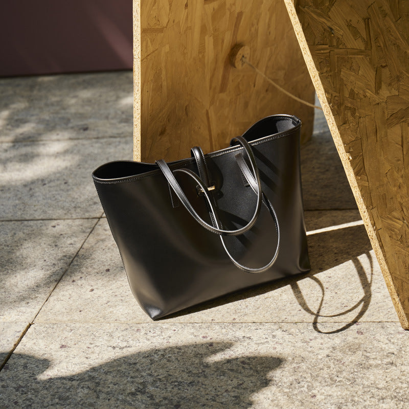 Spacious Plain Genuine Leather Tote Set Minimalist Shoulder Bag