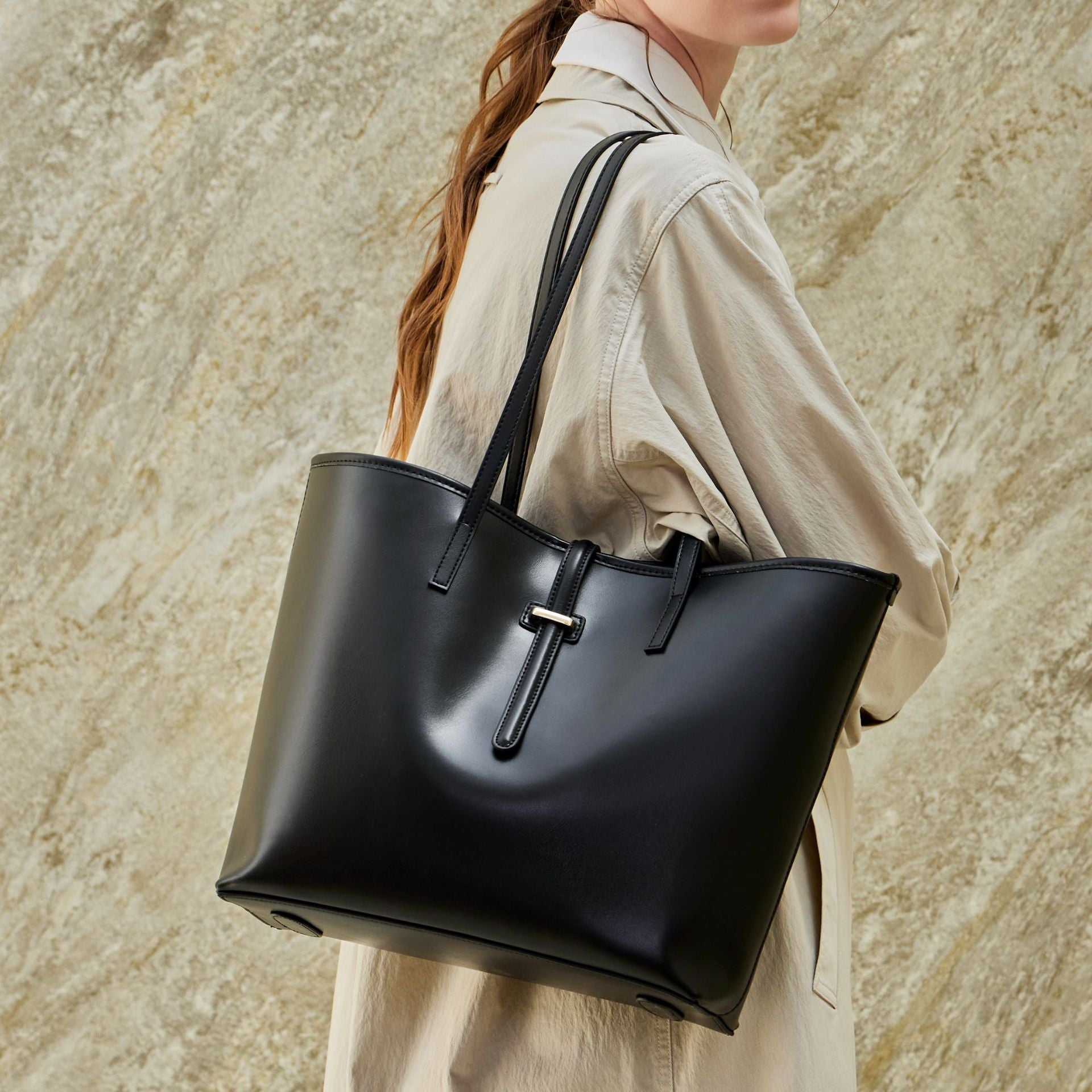 Spacious Plain Genuine Leather Tote Set Minimalist Shoulder Bag