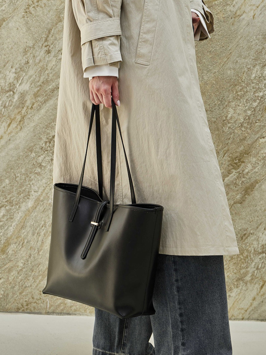 Spacious Plain Genuine Leather Tote Set Minimalist Shoulder Bag