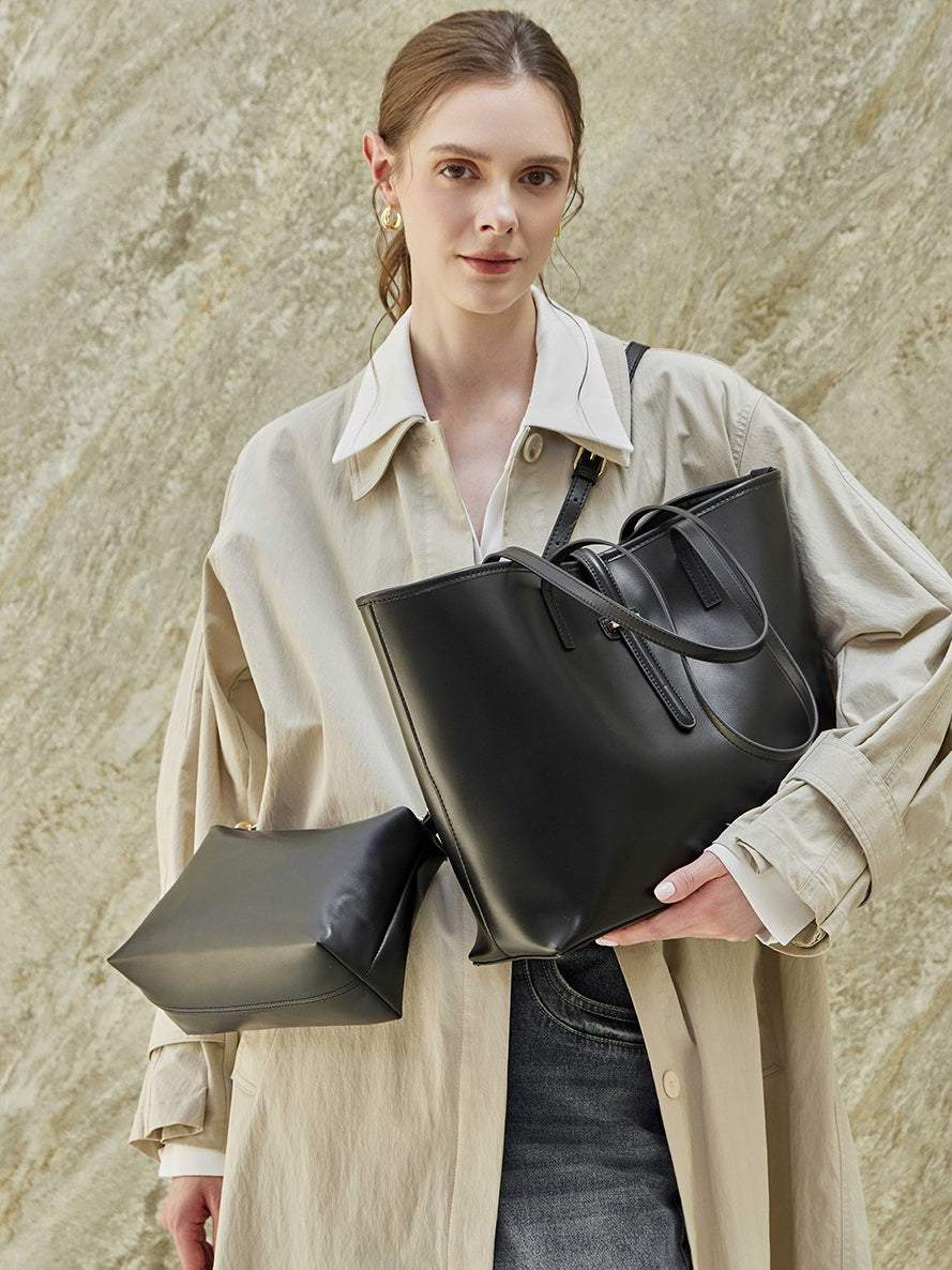 Spacious Plain Genuine Leather Tote Set Minimalist Shoulder Bag