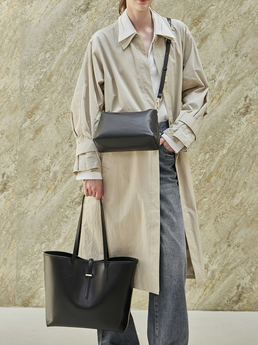 Spacious Plain Genuine Leather Tote Set Minimalist Shoulder Bag