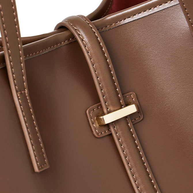 Spacious Plain Genuine Leather Tote Set Minimalist Shoulder Bag