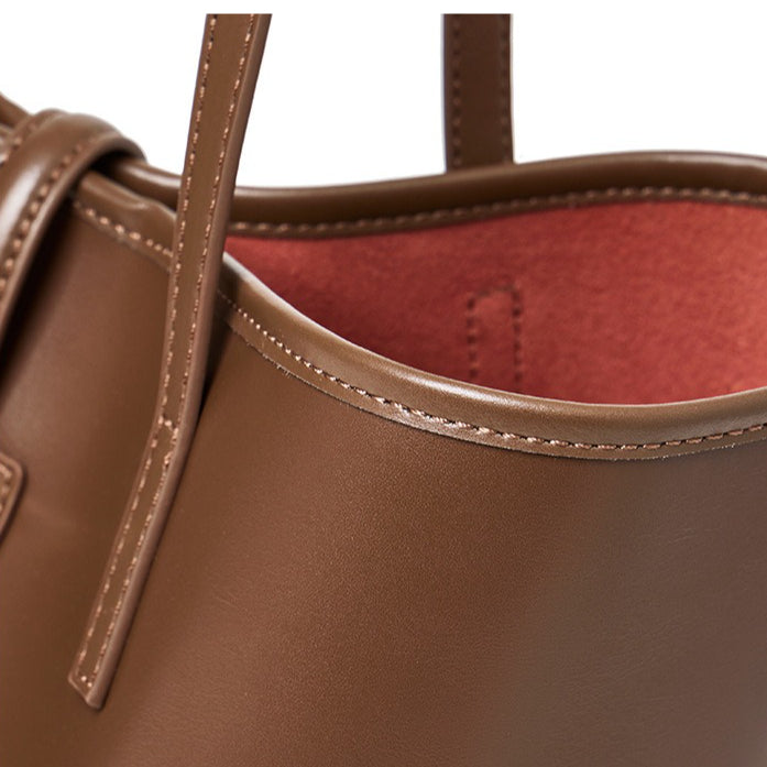 Spacious Plain Genuine Leather Tote Set Minimalist Shoulder Bag