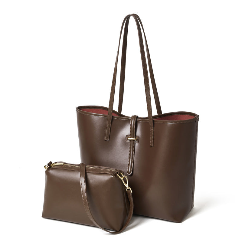 Spacious Plain Genuine Leather Tote Set Minimalist Shoulder Bag