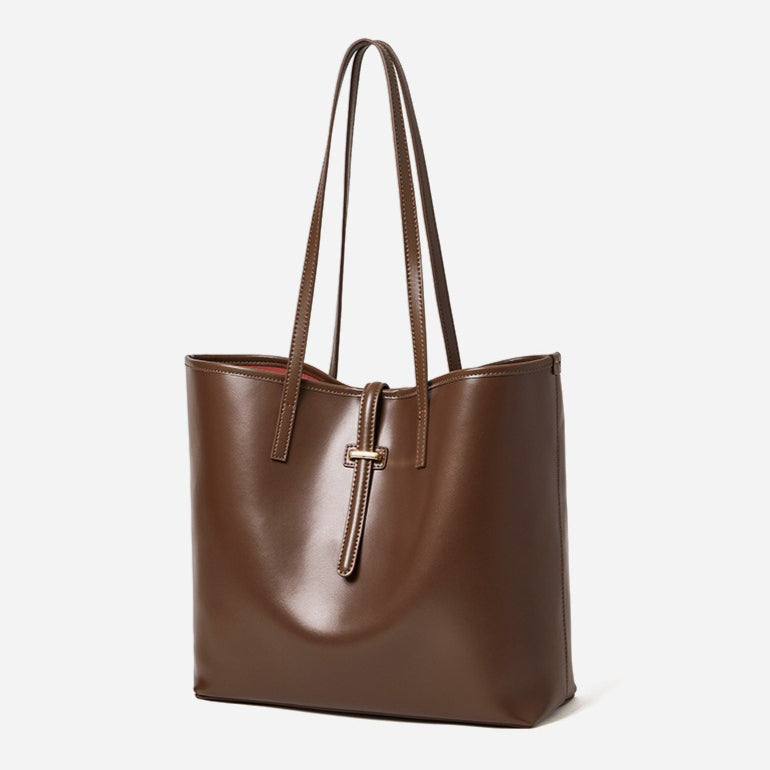 Spacious Plain Genuine Leather Tote Set Minimalist Shoulder Bag