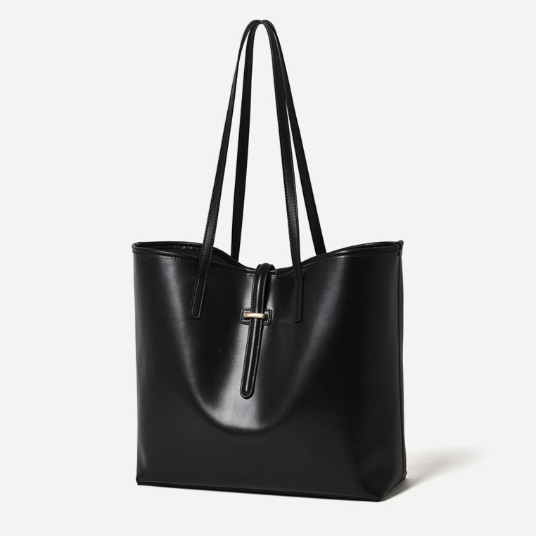 Spacious Plain Genuine Leather Tote Set Minimalist Shoulder Bag