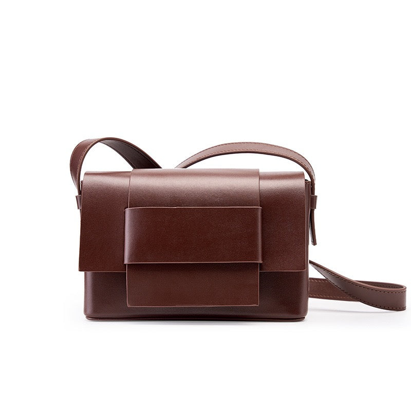 Women’s Genuine Leather Woven Box Crossbody Shoulder Bag in Minimalist Style