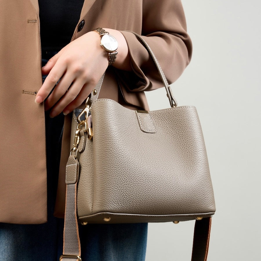 Classic Gold-Trimmed Genuine Leather Bucket Handbag