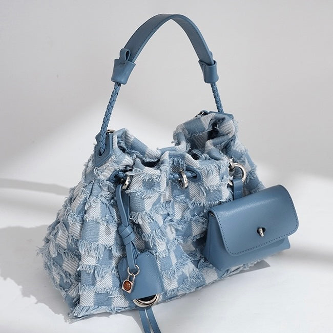 Women’s Genuine Leather & Denim Colorblock Crossbody Shoulder Bag
