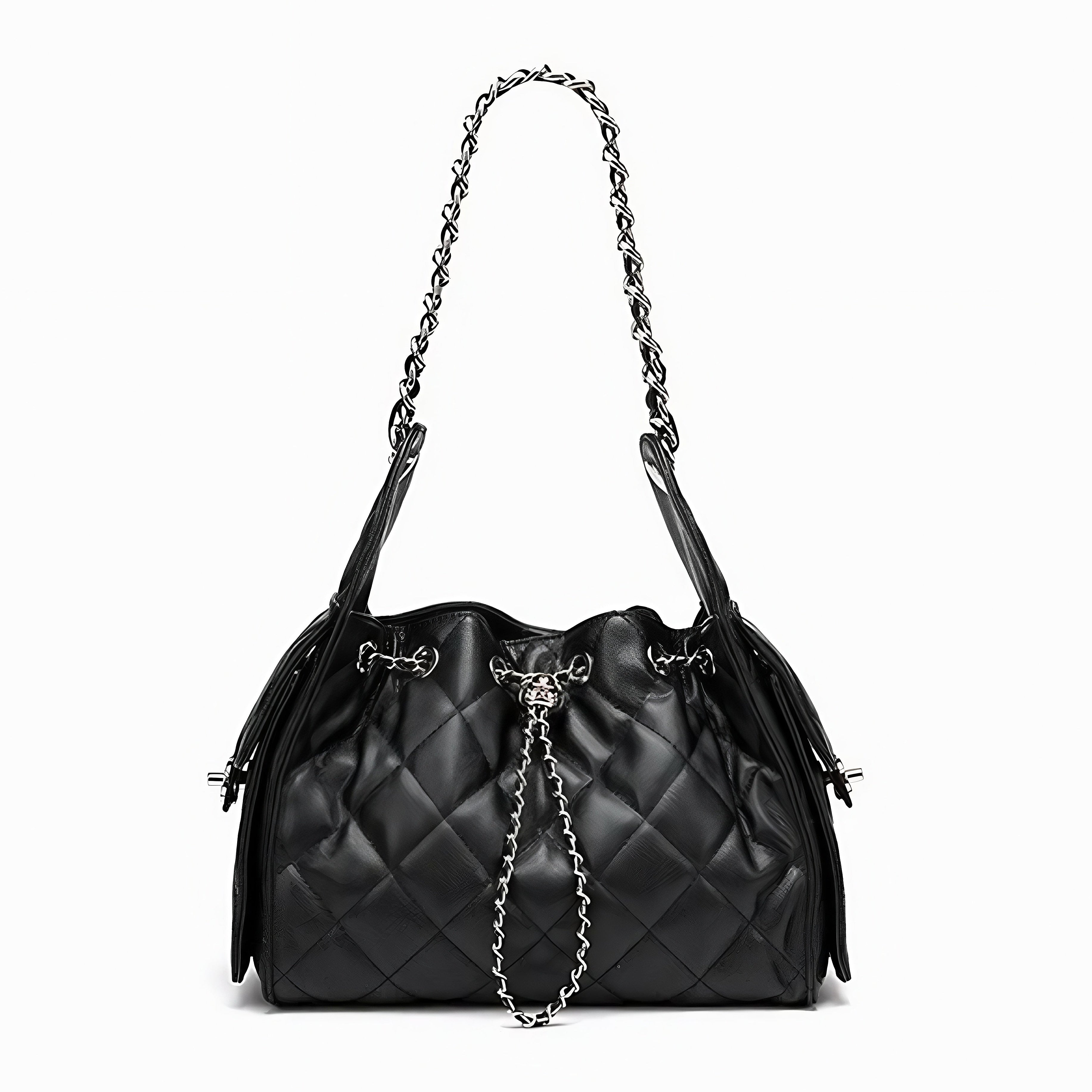 Genuine Leather Caviar Pattern Large Capacity Bucket Shoulder Bag