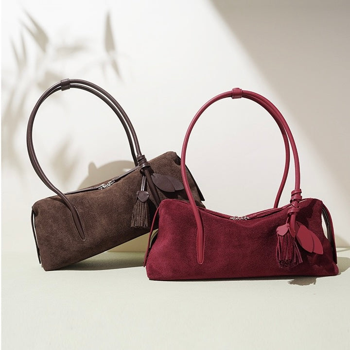 Matte Genuine Leather Tassel Pendant Shoulder Pillow Bag