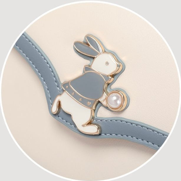 Women’s Genuine Leather Blue White Color Block Rabbit Small Square Bag