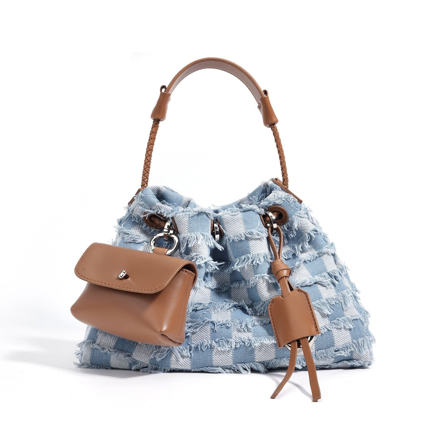 Women’s Genuine Leather & Denim Colorblock Crossbody Shoulder Bag