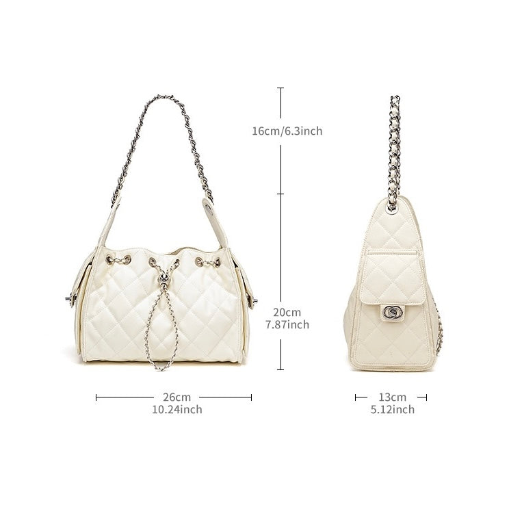 Genuine Leather Caviar Pattern Large Capacity Bucket Shoulder Bag