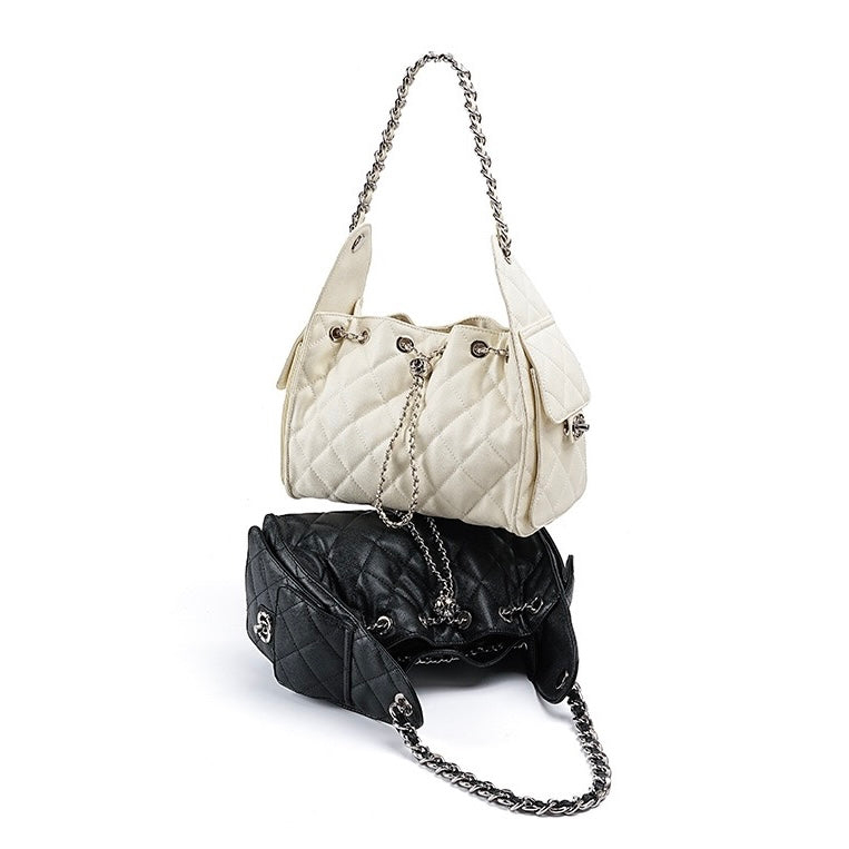 Genuine Leather Caviar Pattern Large Capacity Bucket Shoulder Bag