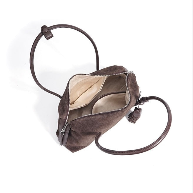 Matte Genuine Leather Tassel Pendant Shoulder Pillow Bag