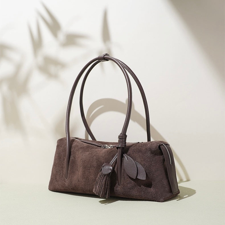Matte Genuine Leather Tassel Pendant Shoulder Pillow Bag