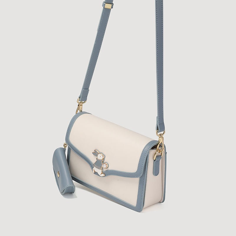 Women’s Genuine Leather Blue White Color Block Rabbit Small Square Bag