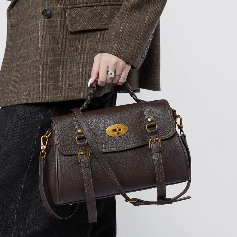 Classic Buckle-Detail Leather Satchel with Braided Handle