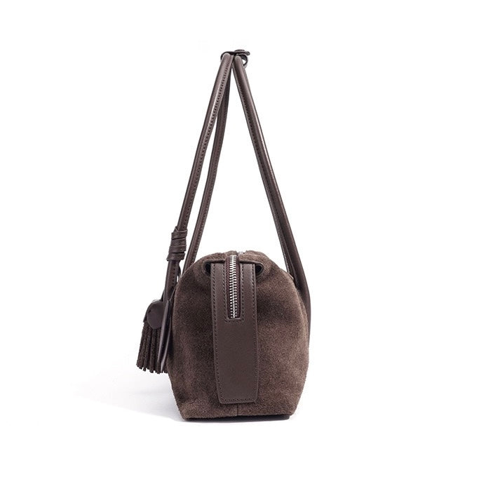 Matte Genuine Leather Tassel Pendant Shoulder Pillow Bag